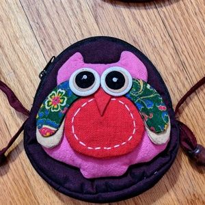 Small fabric bag with owl embellishment, zip close